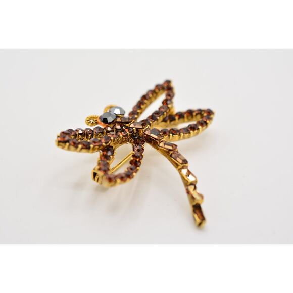 WM Vintage Dragonfly Crystal Pin Brooch Brown Rhinestone Gold Signed AS IS BinAJ - Picture 10 of 12